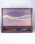 Vintage Mid-Century Coastal Sunset Oil Painting – Original Moody Dusk Seascape in Faux-Bois Wood Frame – Retro Tiki Beach Decor