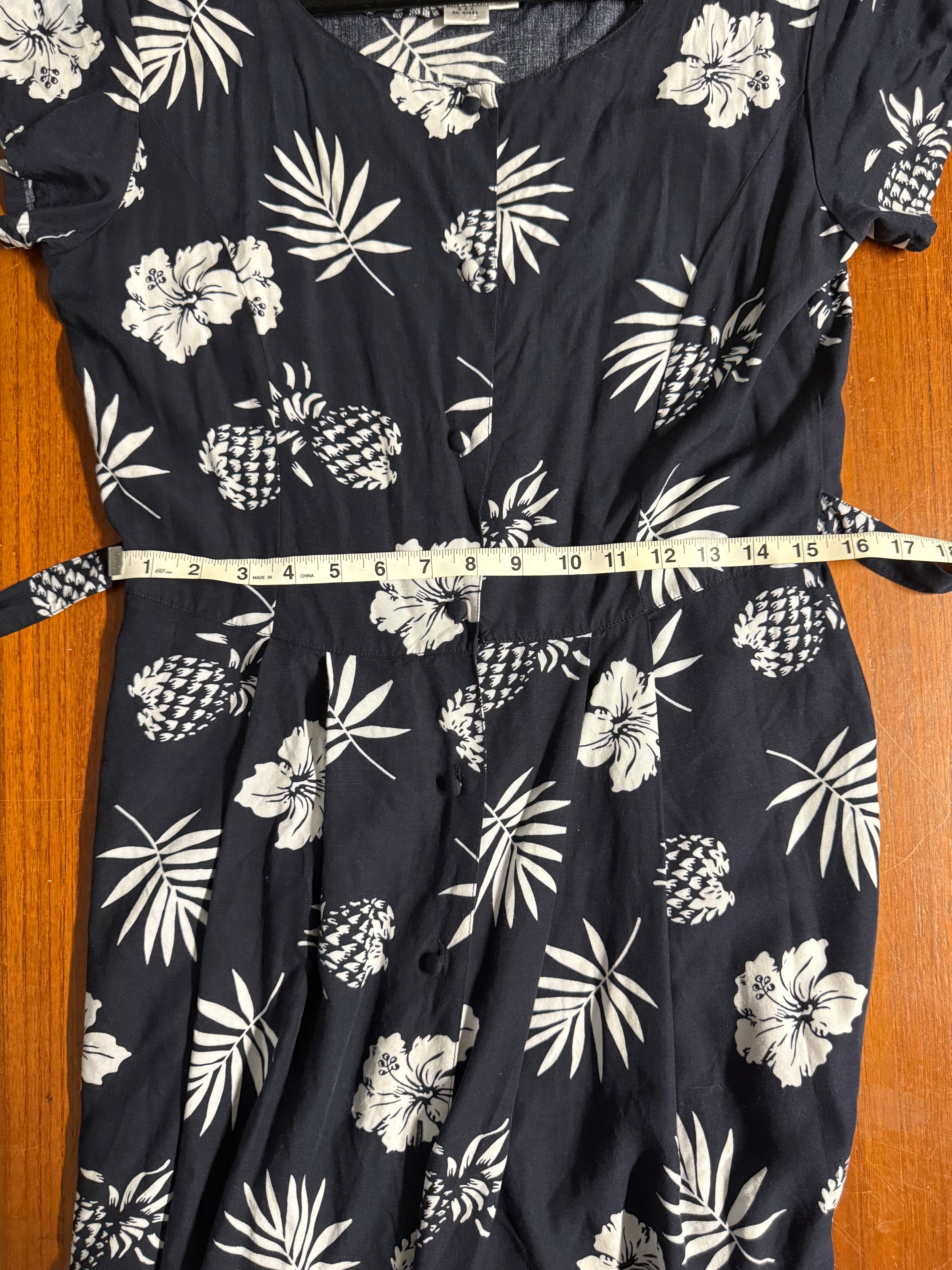 Vintage 90s APART Tropical Pineapple & Hibiscus Rayon Dress | Navy Blue Tiki Picnic Dress | Petite 12P