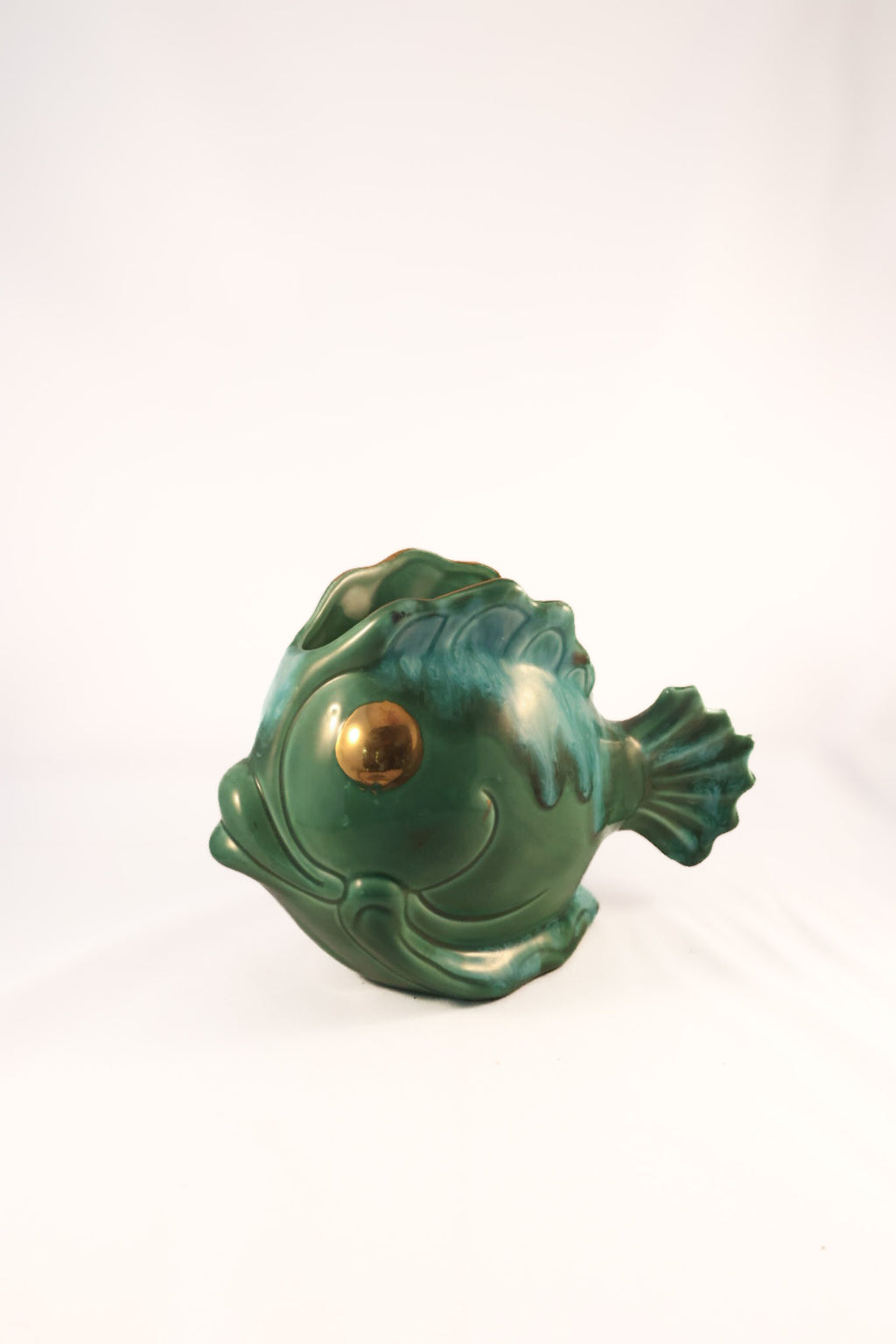 Vintage Mid-Century Green Drip Glaze Ceramic Fish Vase Planter - Gold Foil Eye