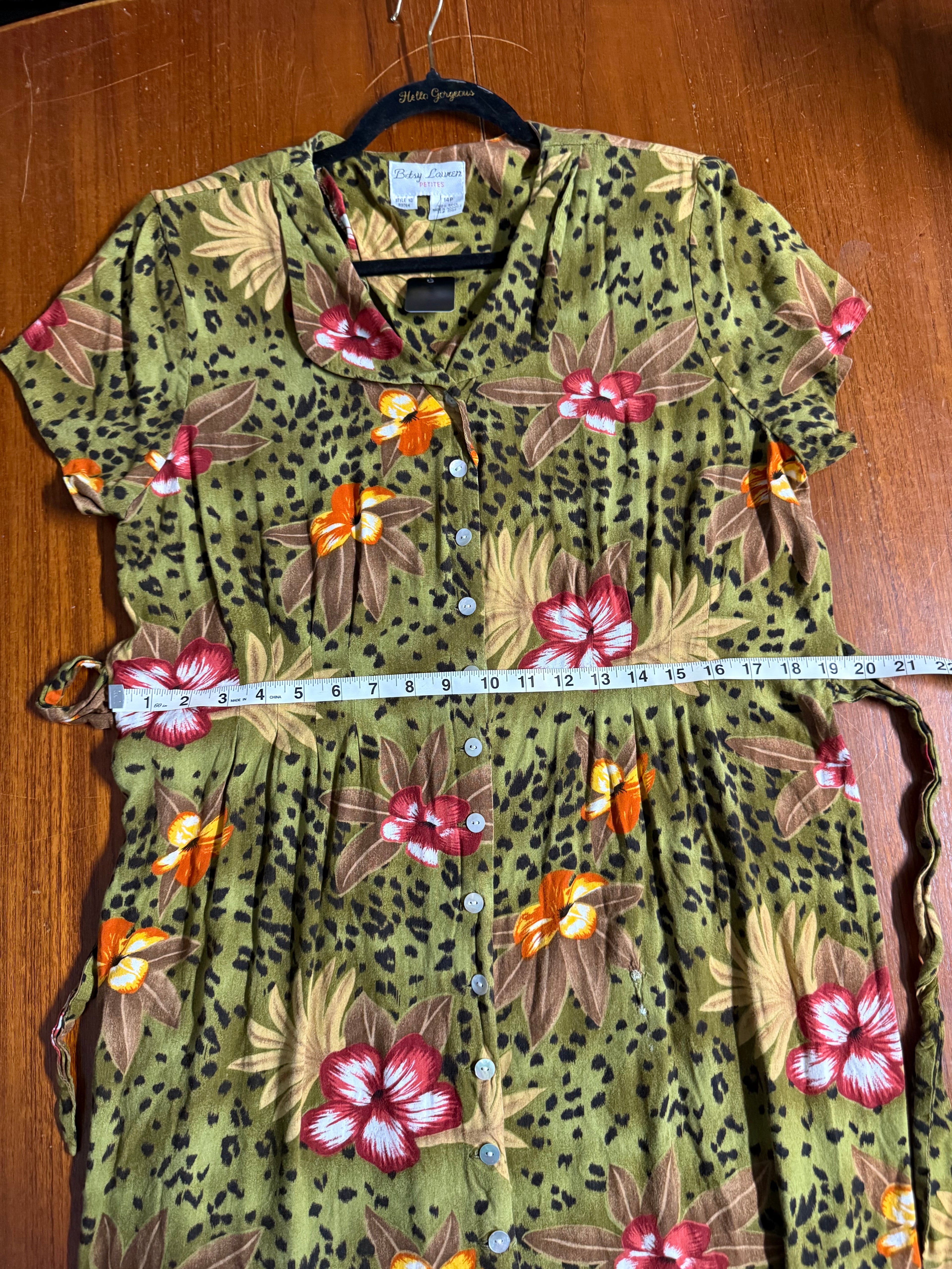 VTG 90s Betsy Lauren Leopard & Tropical Floral Rayon Button-Front Dress - Petite 14