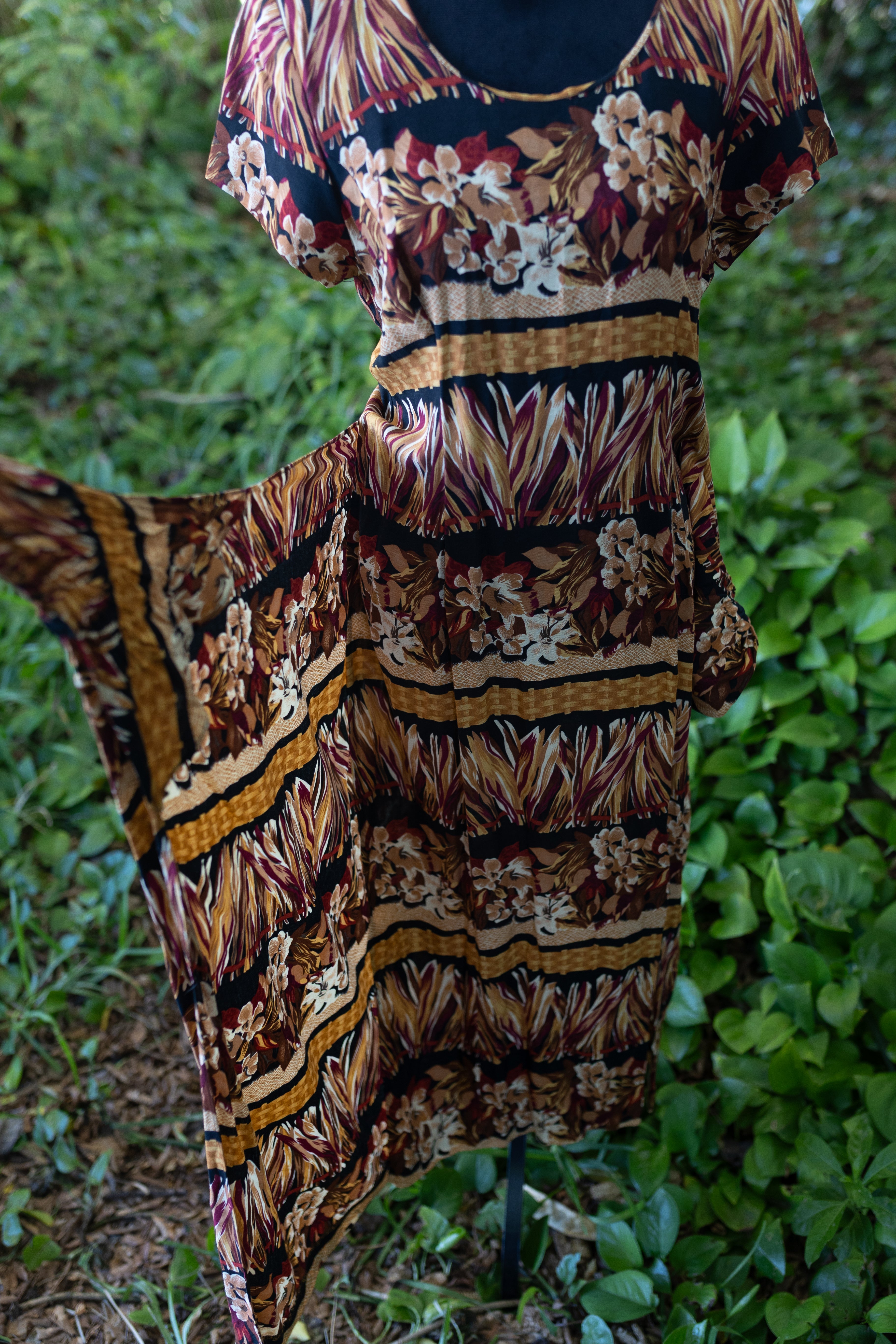 Vintage 90s Jessica Howard Tropical Rayon Maxi Dress - Tiki Hula Print - Size 12