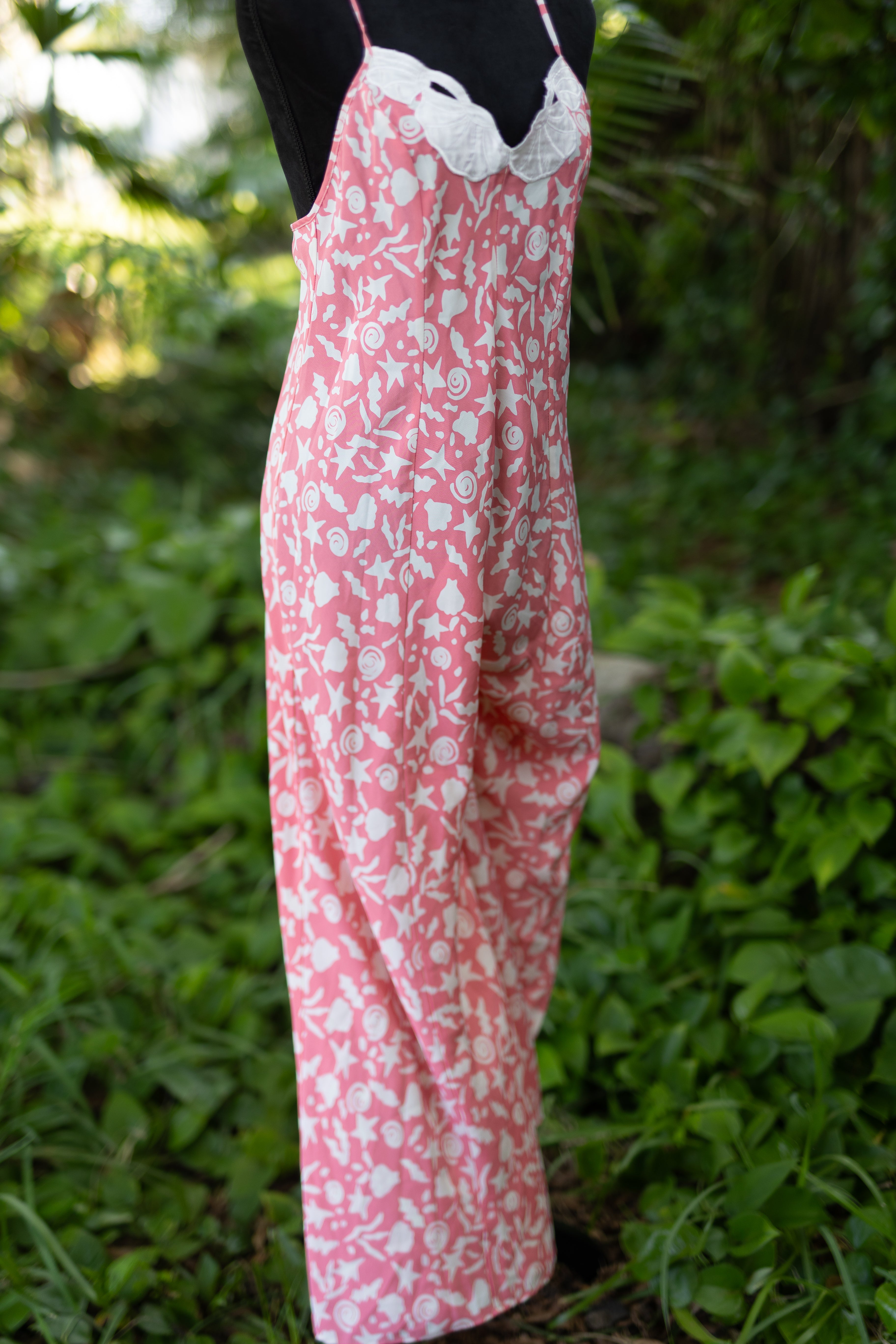 Vintage 90s Josie by Natori Wide Leg Jumpsuit // Pink Seashell & Starfish Print Palazzo Romper // Coastal Kitsch Resort Wear - Size Large