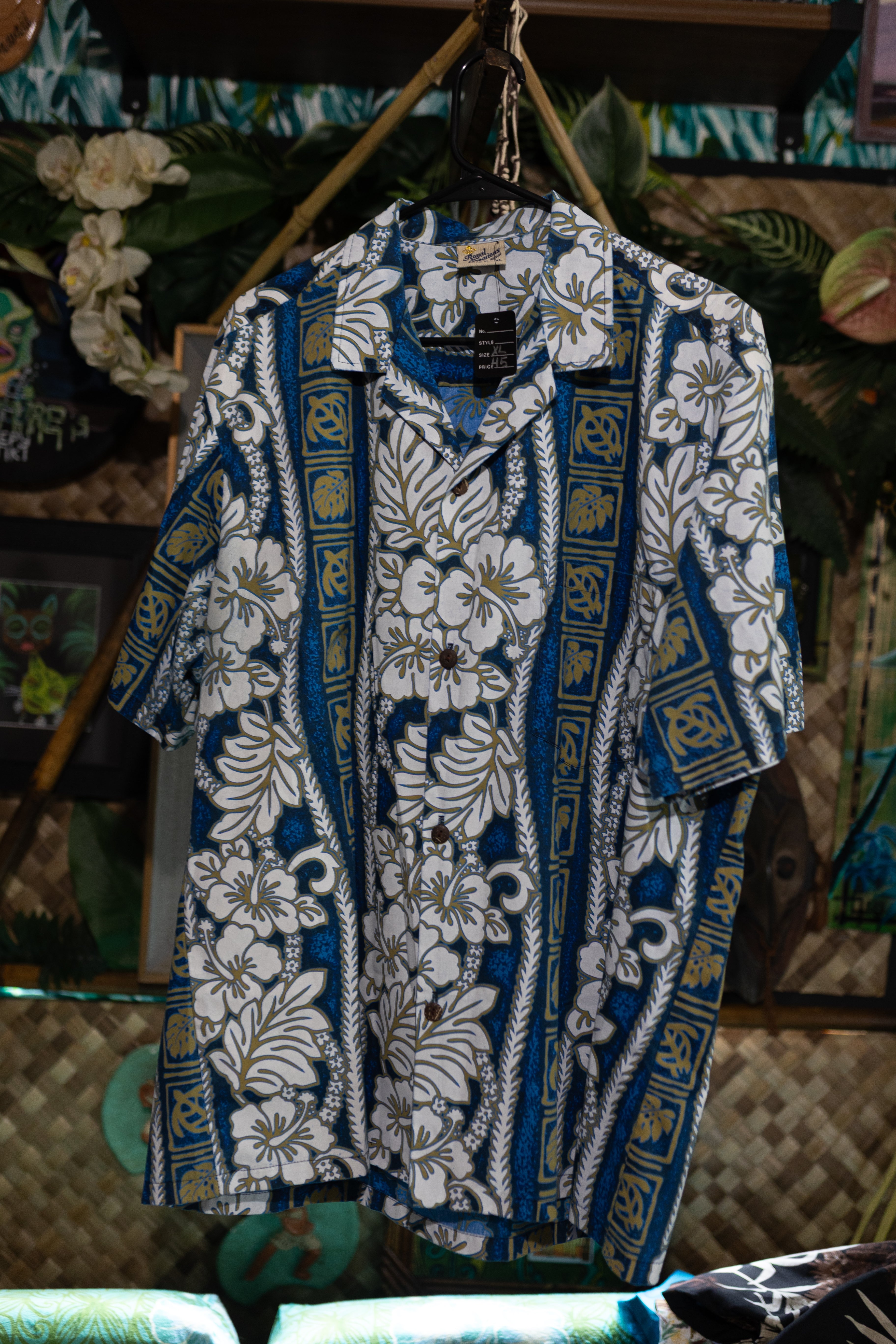 Royal Creations Vintage Hawaiian Shirt - Blue & Gold Floral Hibiscus