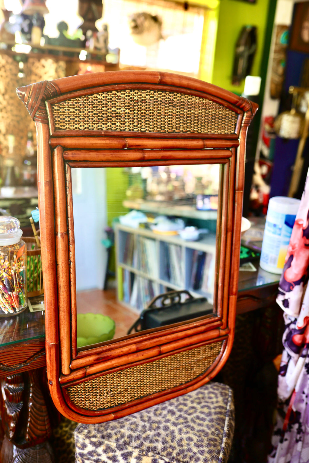 Vintage Rattan & Woven Cane Accent Mirror – Island Style Wall Hanging