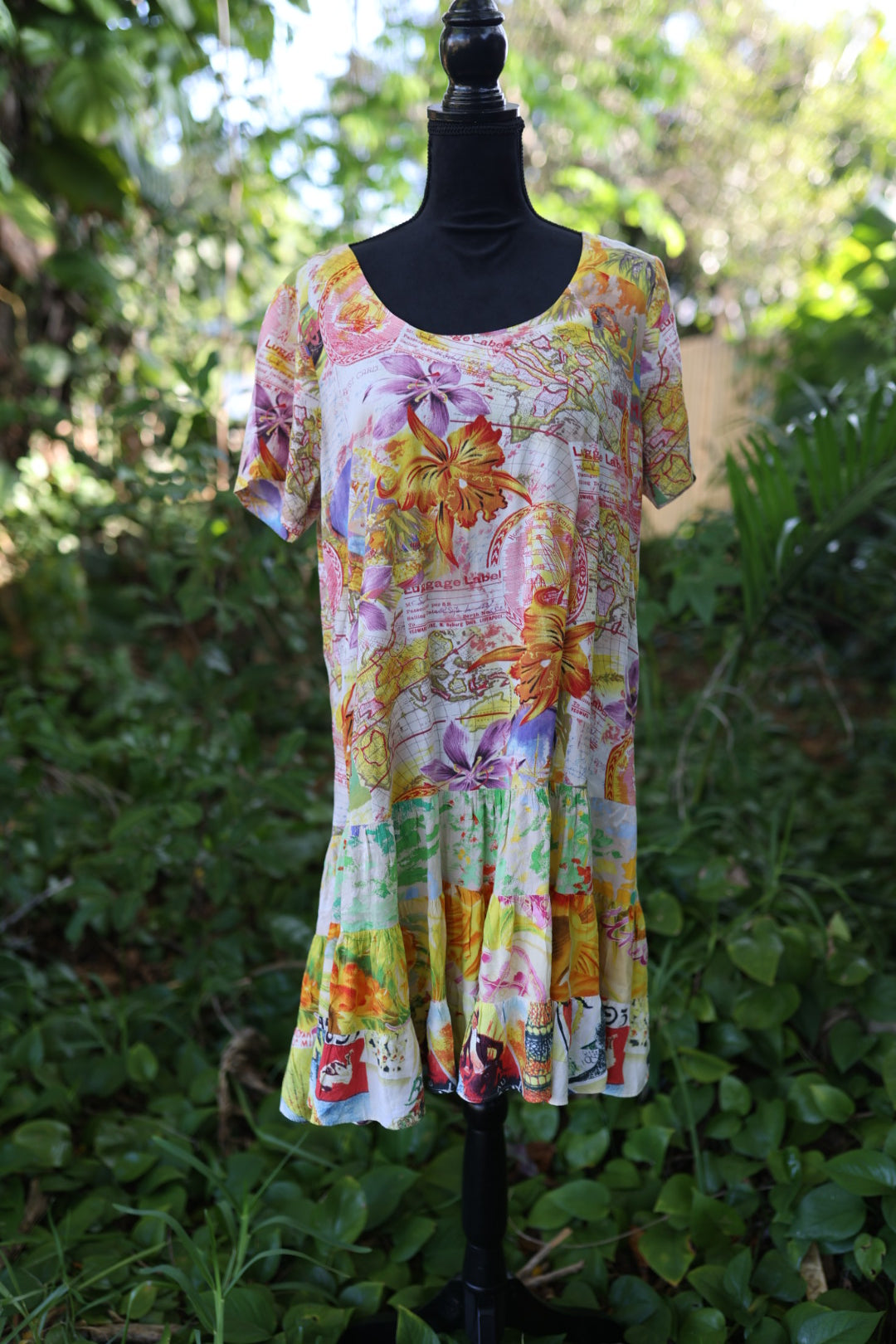 Vintage Jams World "Hattie" Dress | 90s Luggage Label Travel Print | Tiered Ruffle Rayon Midaxi | Size Large