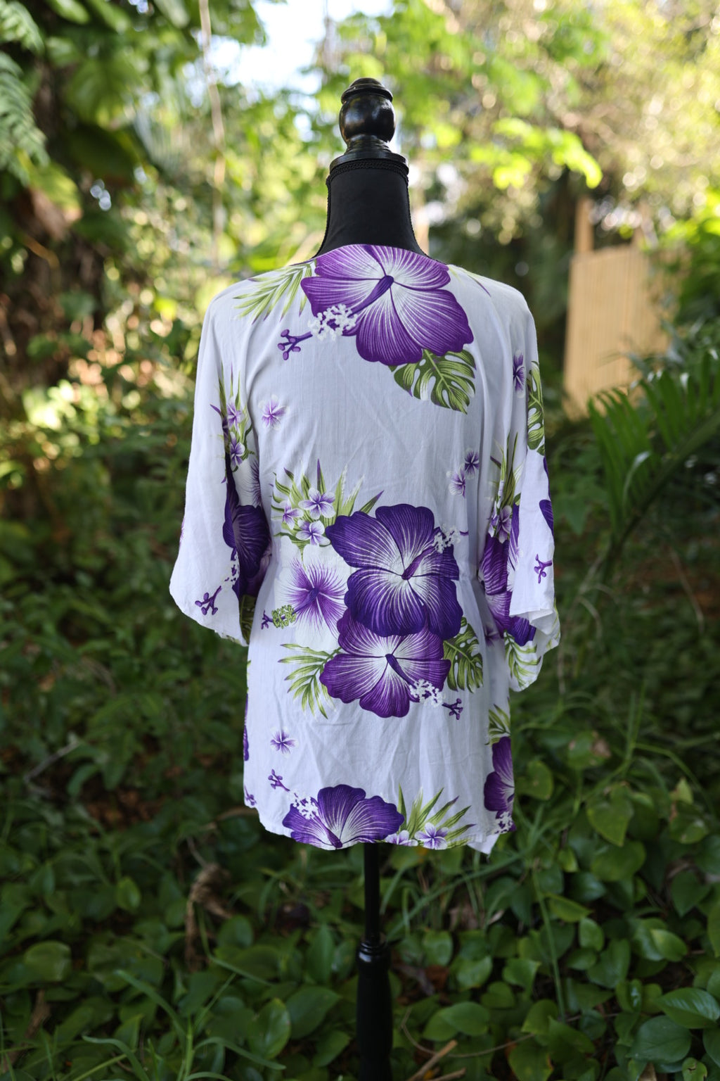 Tropical Hibiscus Rayon Kaftan Tunic - Vibrant Purple & White