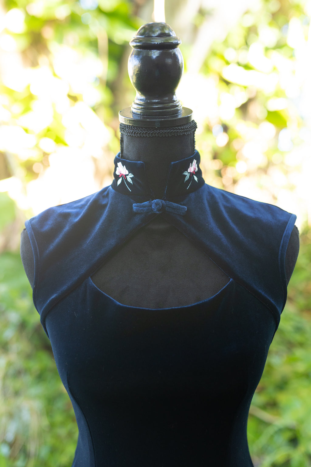 Vintage 90s Papell Boutique Navy Velvet Evening Gown – Cheongsam Style Maxi Dress