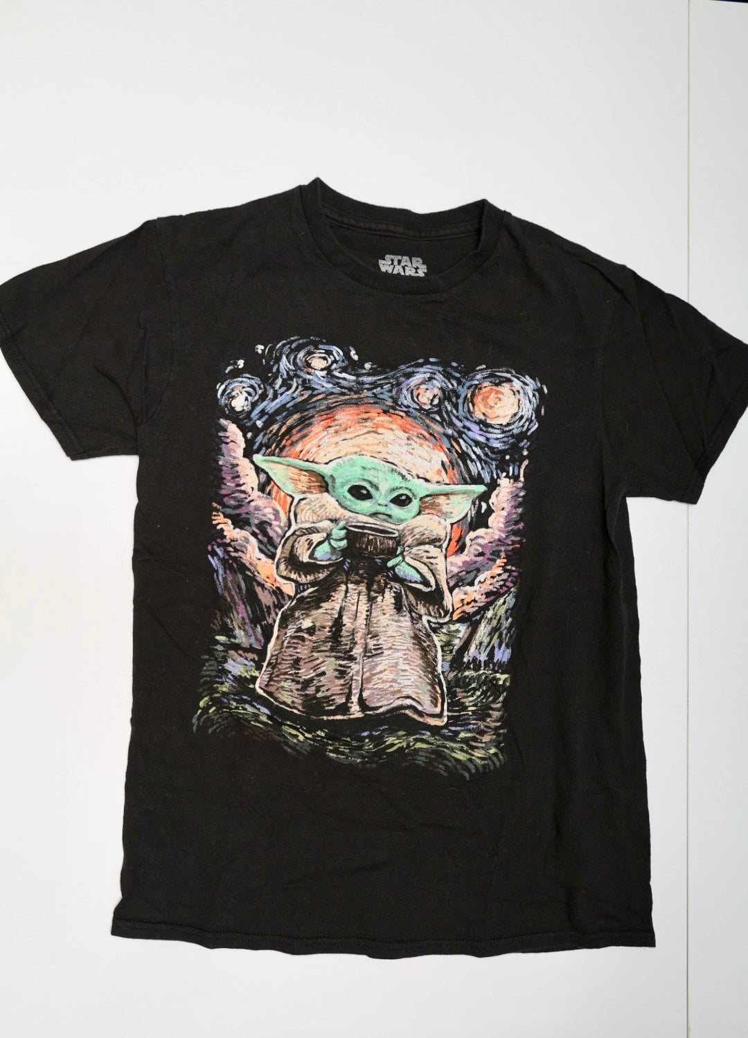 Star Wars Grogu Baby Yoda Starry Night Black Graphic T-Shirt, Size Small