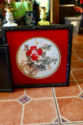 Vintage Faux Bamboo Framed Peony & Butterfly Silk Print | Red Mat Mid-Century Wall Art