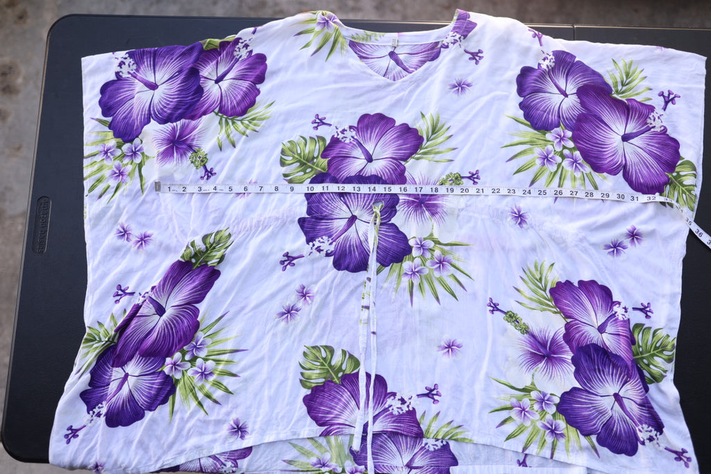 Tropical Hibiscus Rayon Kaftan Tunic - Vibrant Purple & White
