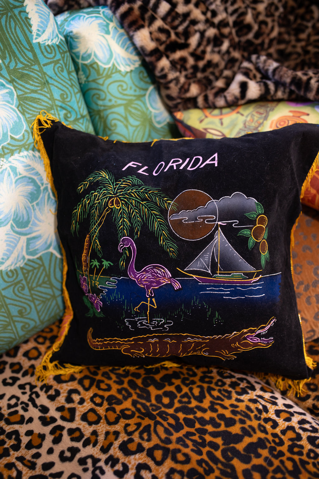 Vintage Black Velvet Florida pillow cover