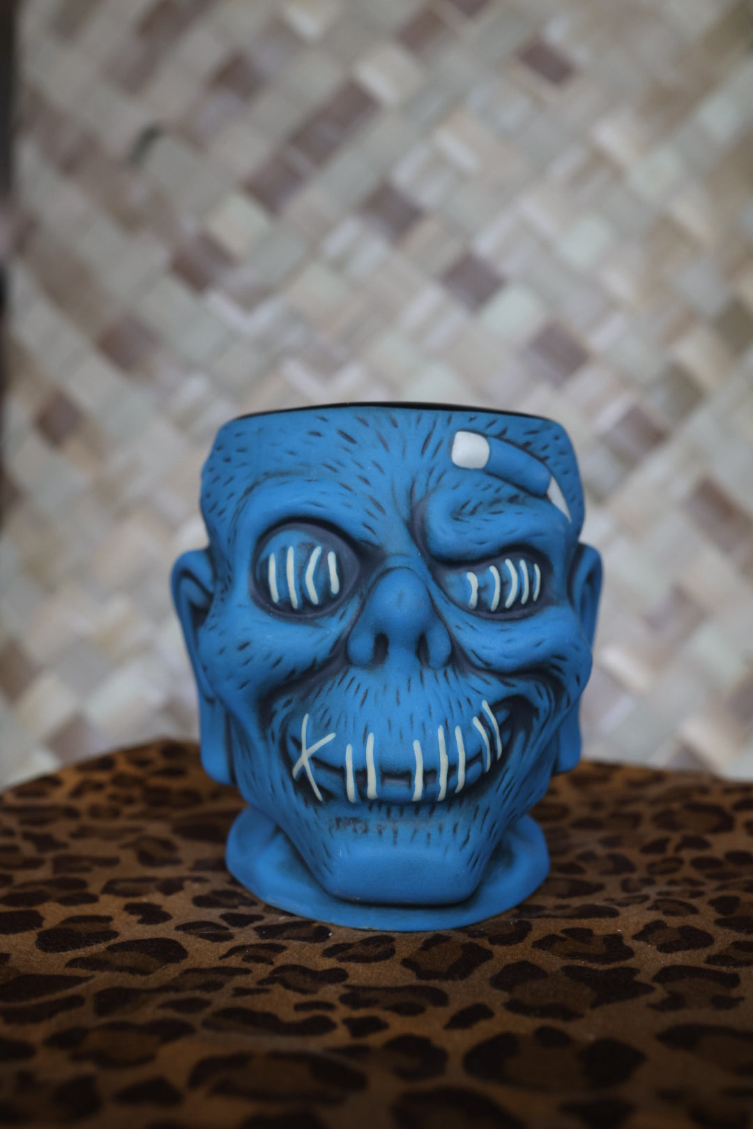 Trader Sams Grog Grotto Shrunken Zombie Head 4th Edition Tiki Mug Blue Matte