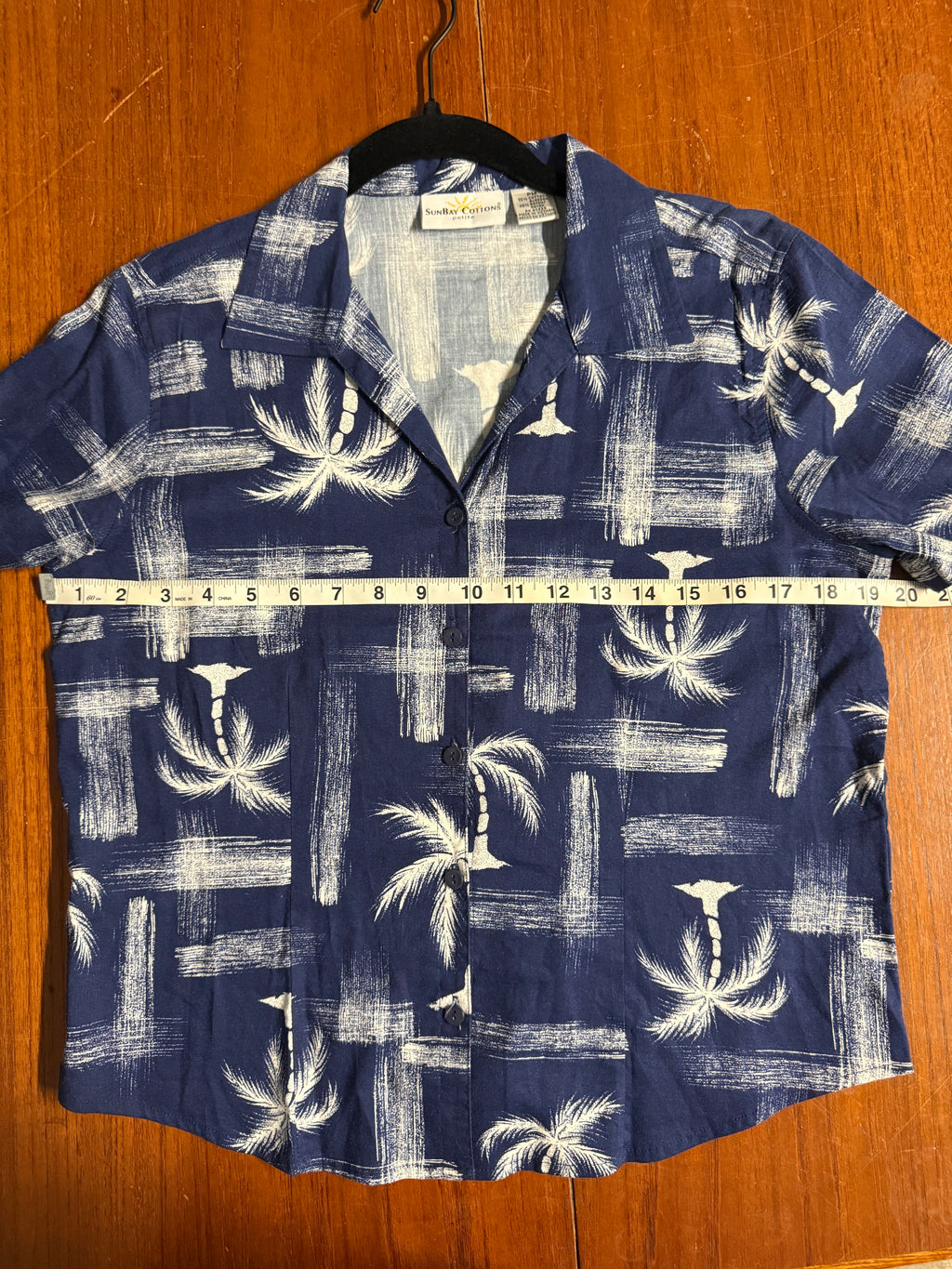 SunBay Cottons Petite Tropical Palm Tree Print Shirt - Navy Blue - PM