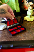 Vintage Black Lacquer Floral Pill Box & Compact Case with Mirror | Red Velvet Compartments