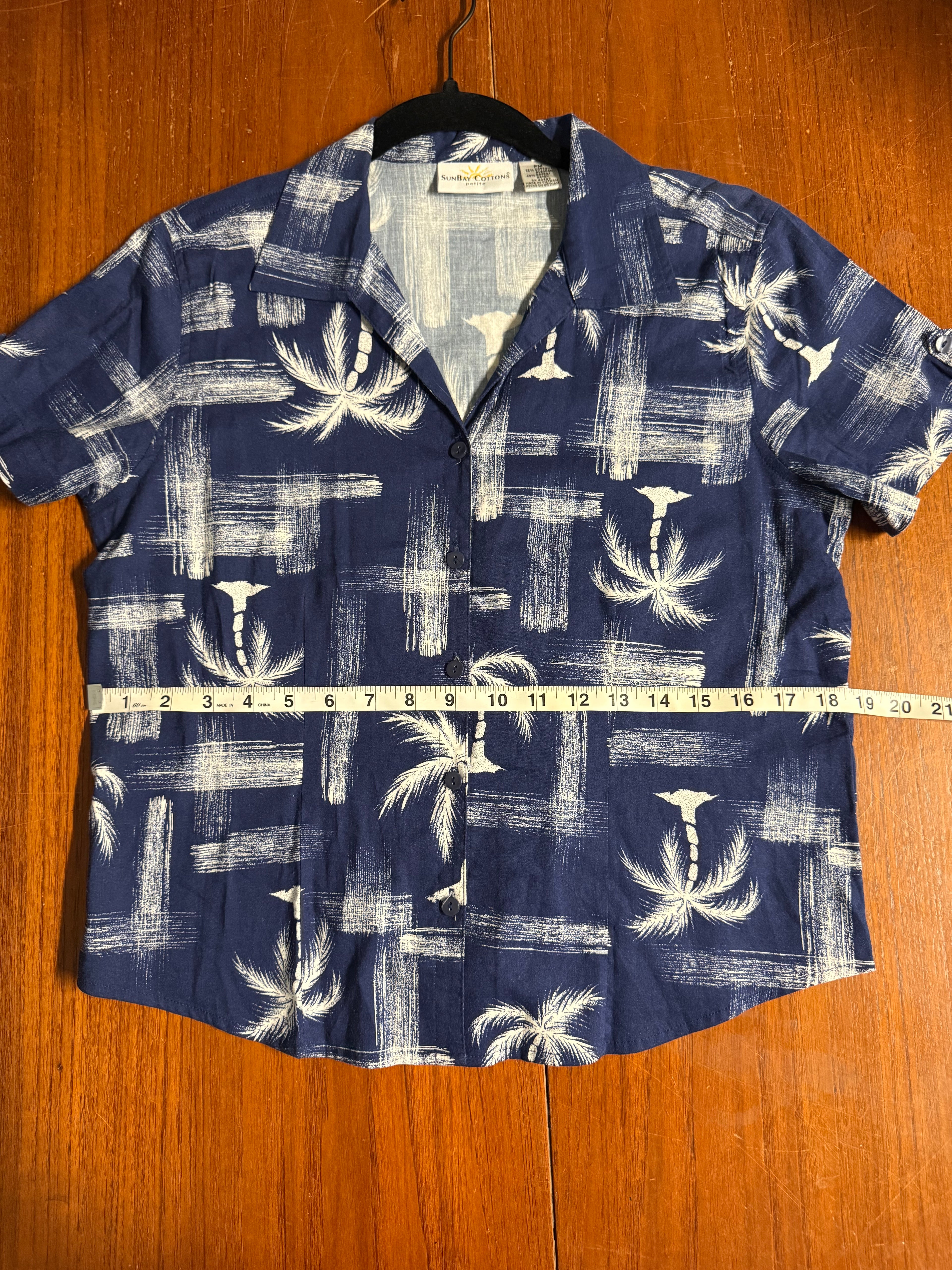 SunBay Cottons Petite Tropical Palm Tree Print Shirt - Navy Blue - PM