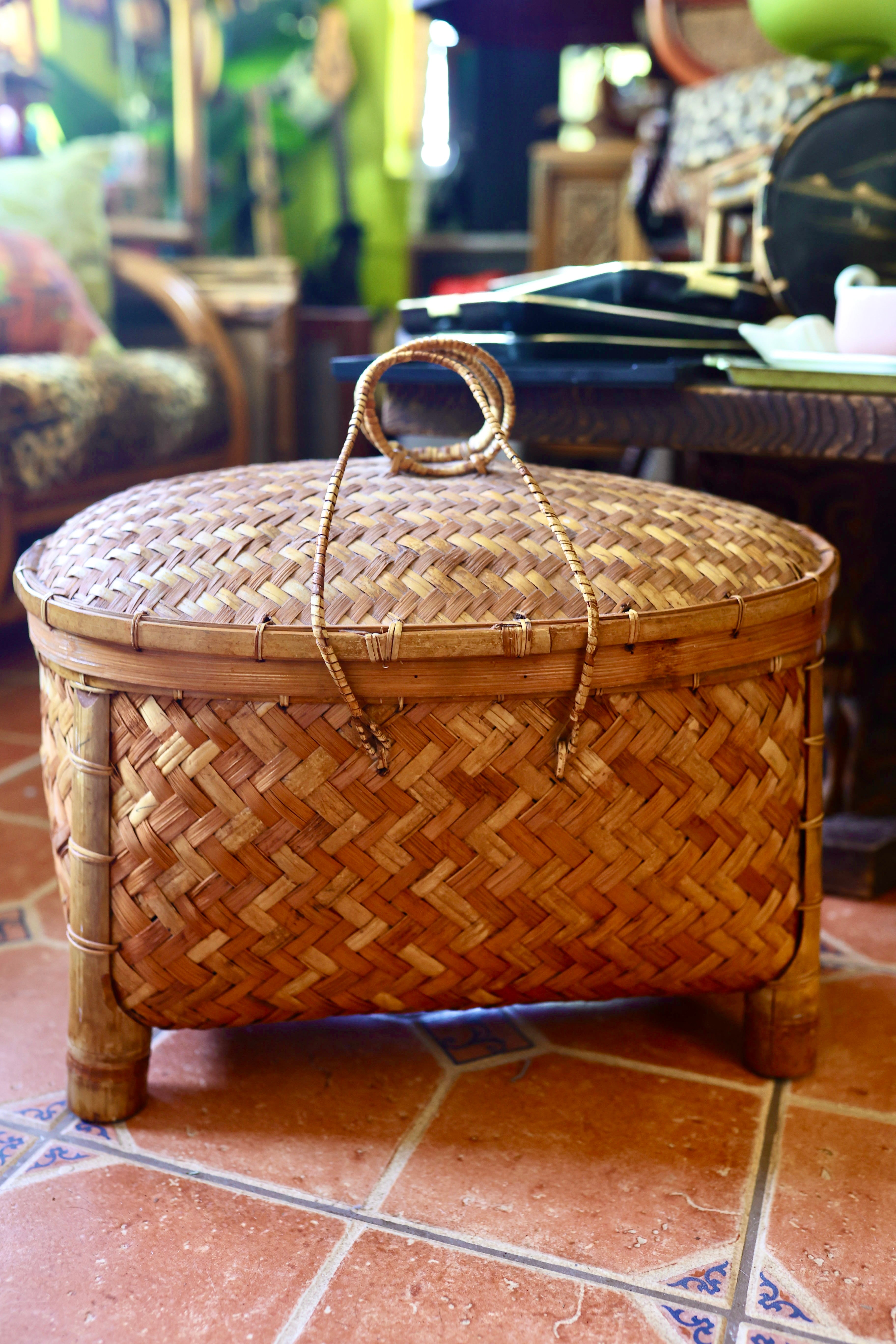 Vintage Woven Bamboo Sewing Basket with Lid & Legs | Bohemian Tropical Storage Chest