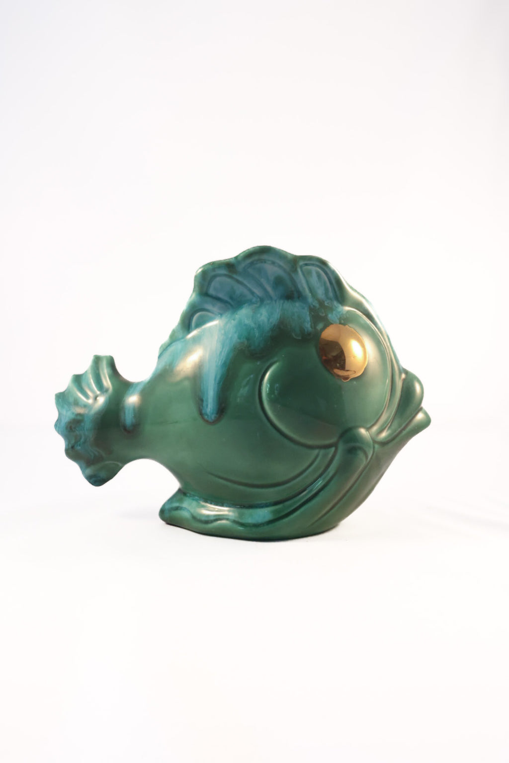 Vintage Mid-Century Green Drip Glaze Ceramic Fish Vase Planter - Gold Foil Eye