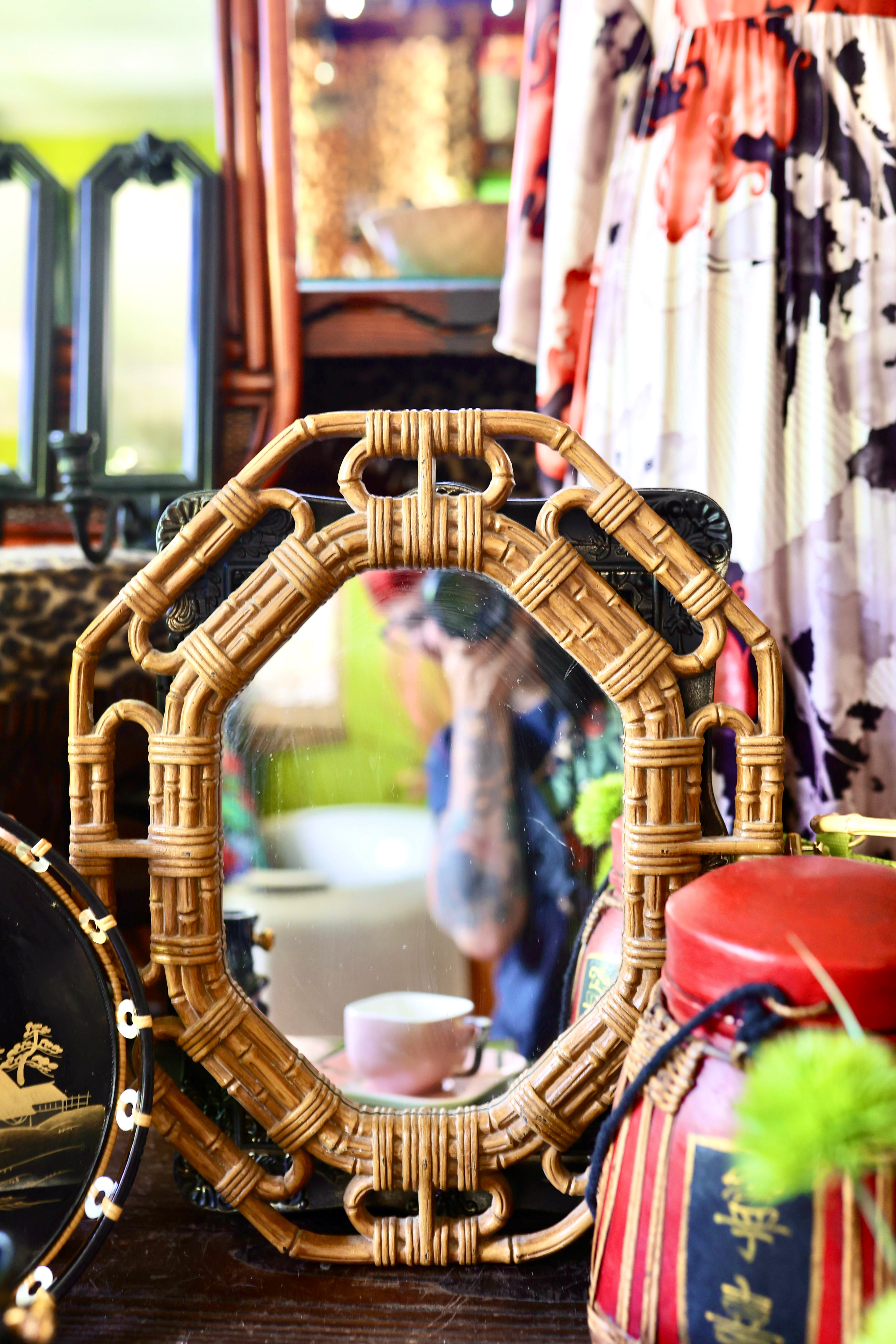 Vintage Bentwood & Faux Bamboo Octagonal Mirror – Boho Tiki Decor