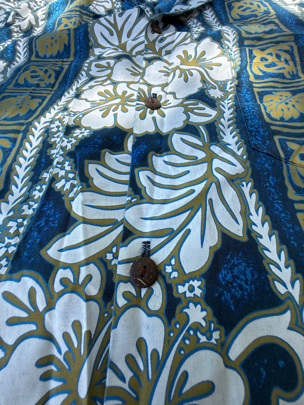 Royal Creations Vintage Hawaiian Shirt - Blue & Gold Floral Hibiscus