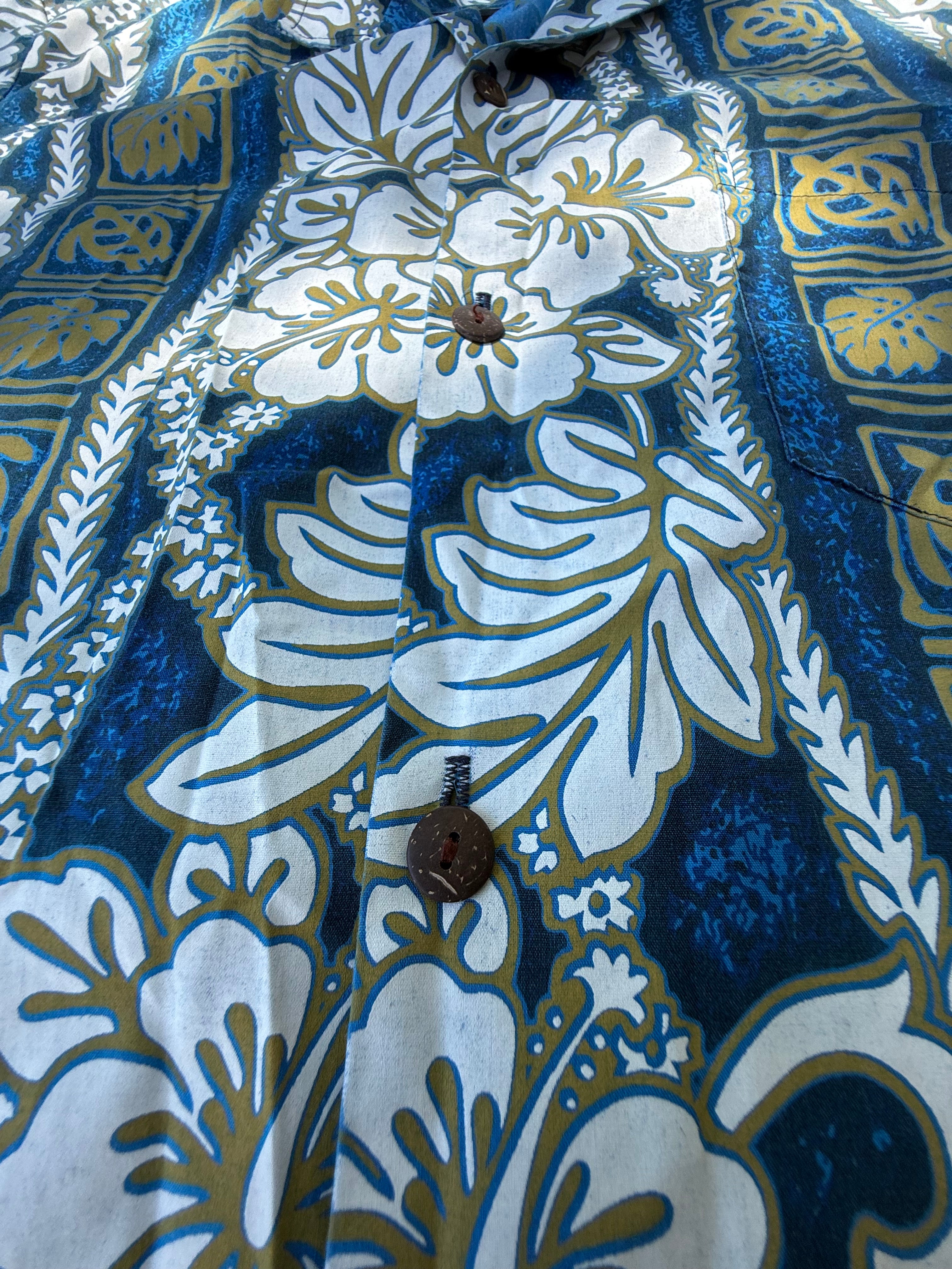 Royal Creations Vintage Hawaiian Shirt - Blue & Gold Floral Hibiscus