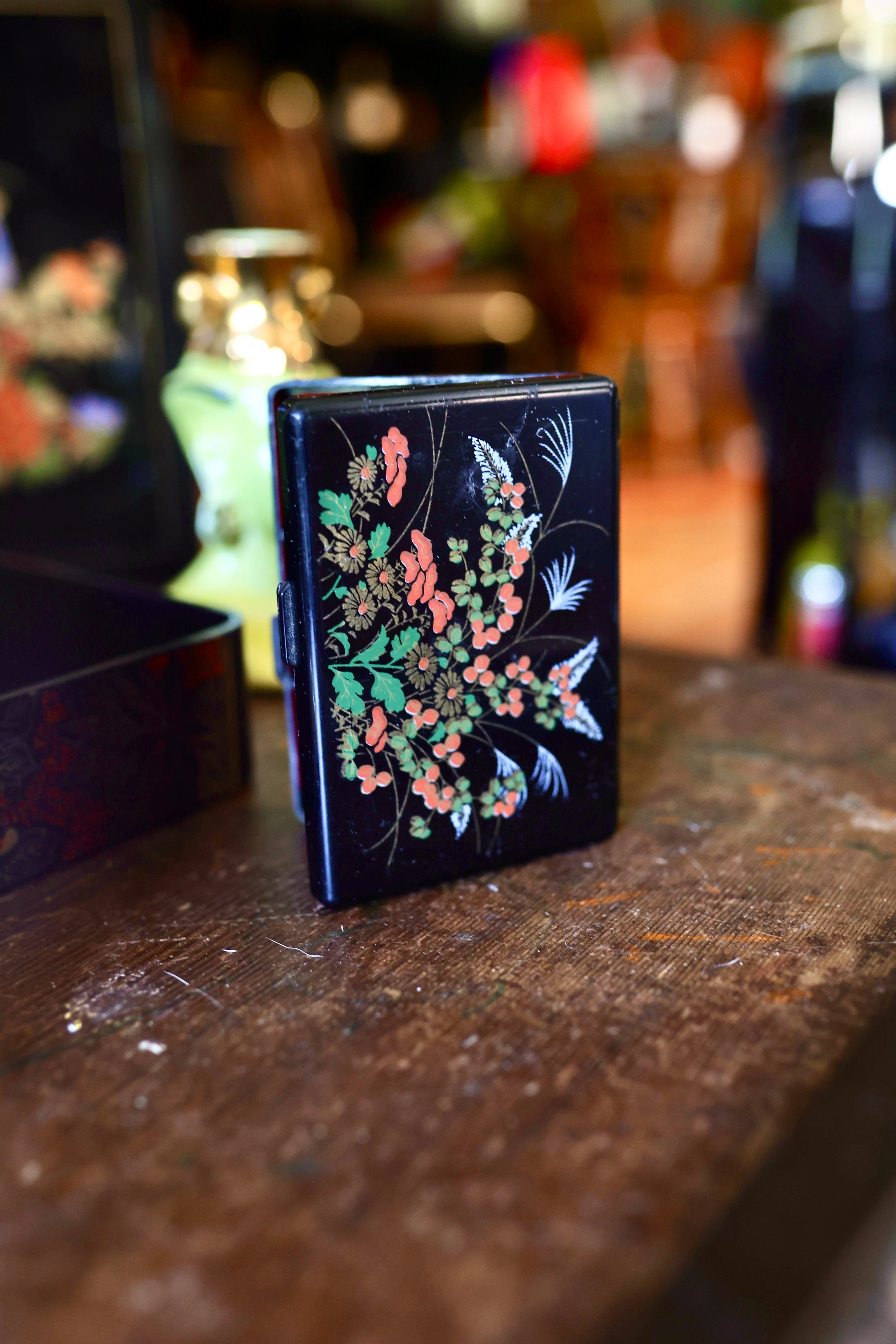 Vintage Black Lacquer Floral Pill Box & Compact Case with Mirror | Red Velvet Compartments