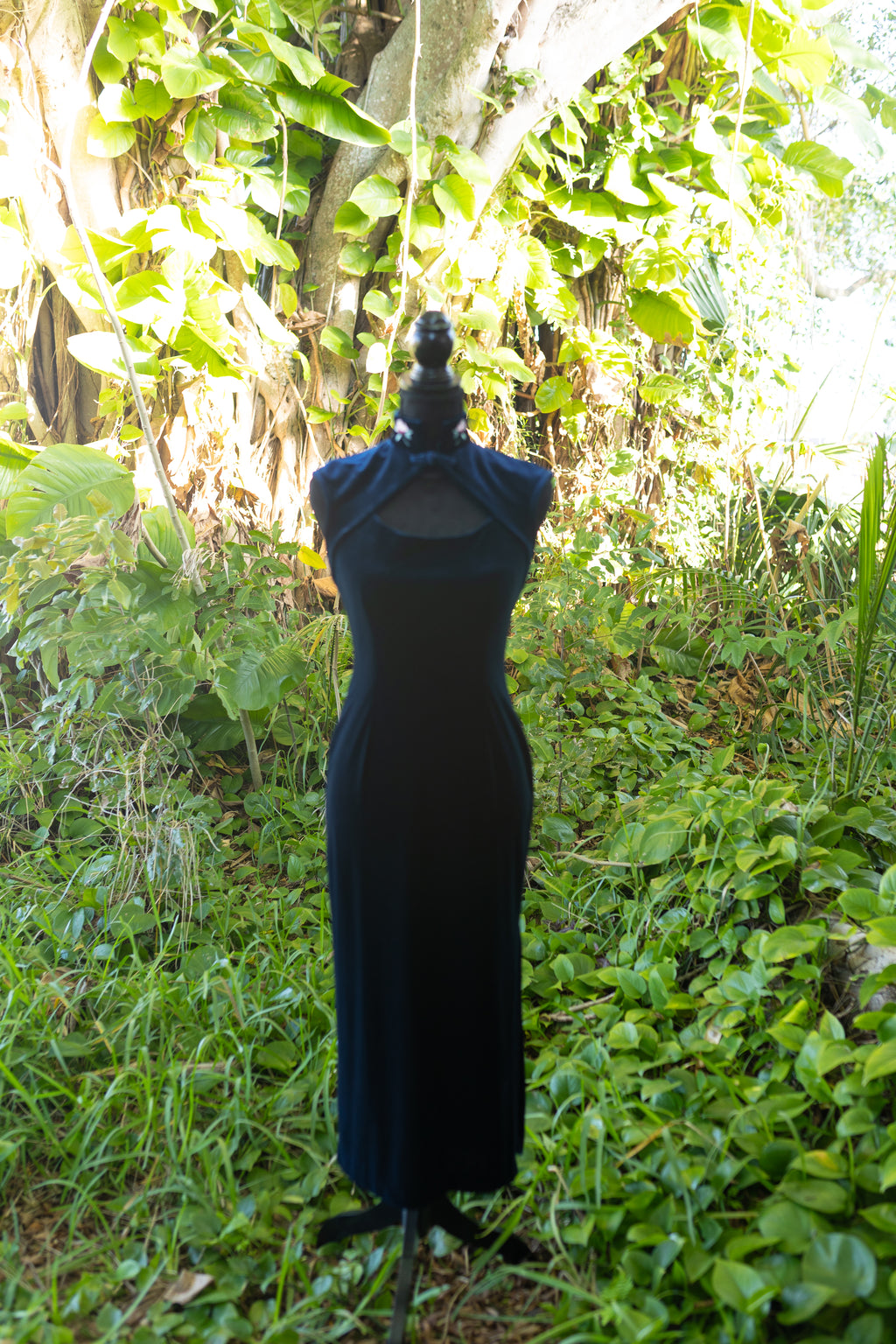 Vintage 90s Papell Boutique Navy Velvet Evening Gown – Cheongsam Style Maxi Dress