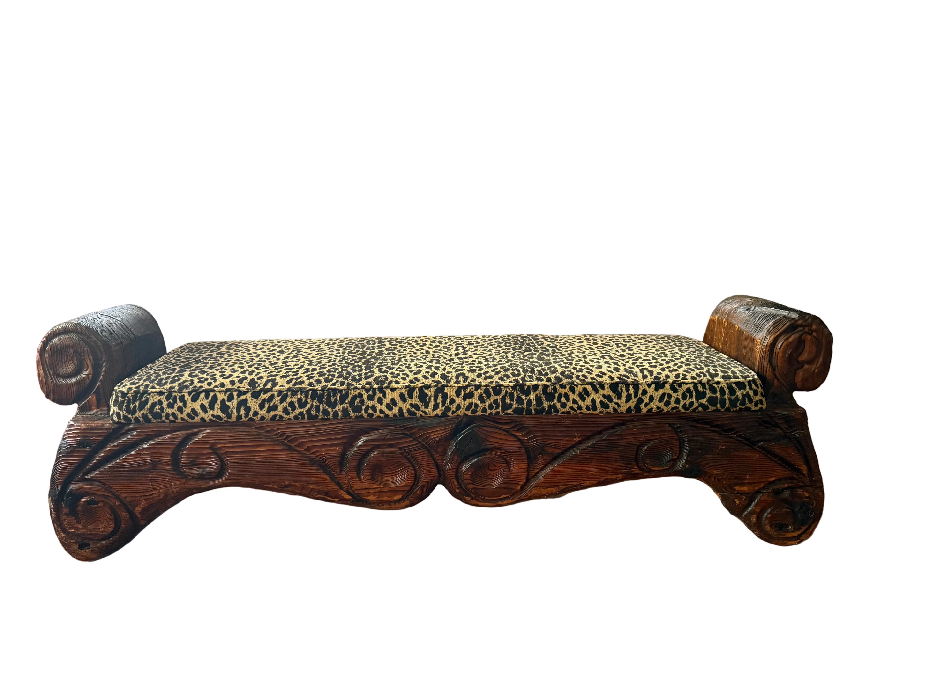 Vintage 1960s Witco "Wave" Carved Wood Bench – Mid-Century Tiki Brutalist – Leopard Print