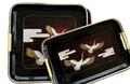 Vintage Mid-Century Japanese Lacquered Nesting Serving Trays – Flying Crane Design with Faux Bamboo Handles – Set of 2