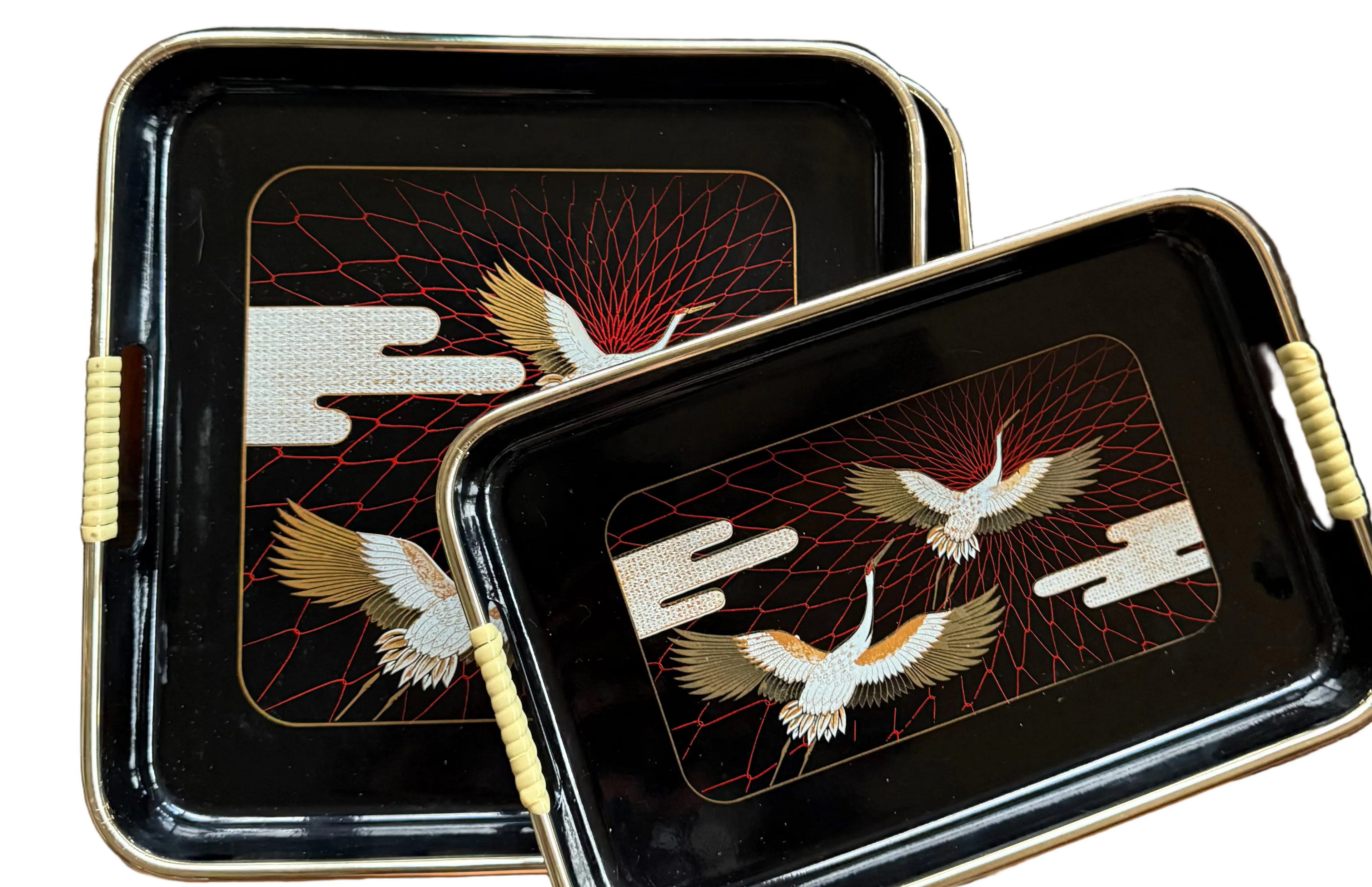 Vintage Mid-Century Japanese Lacquered Nesting Serving Trays – Flying Crane Design with Faux Bamboo Handles – Set of 2
