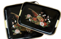 Vintage Mid-Century Japanese Lacquered Nesting Serving Trays – Phesant Design with Faux Bamboo Handles – Set of 2