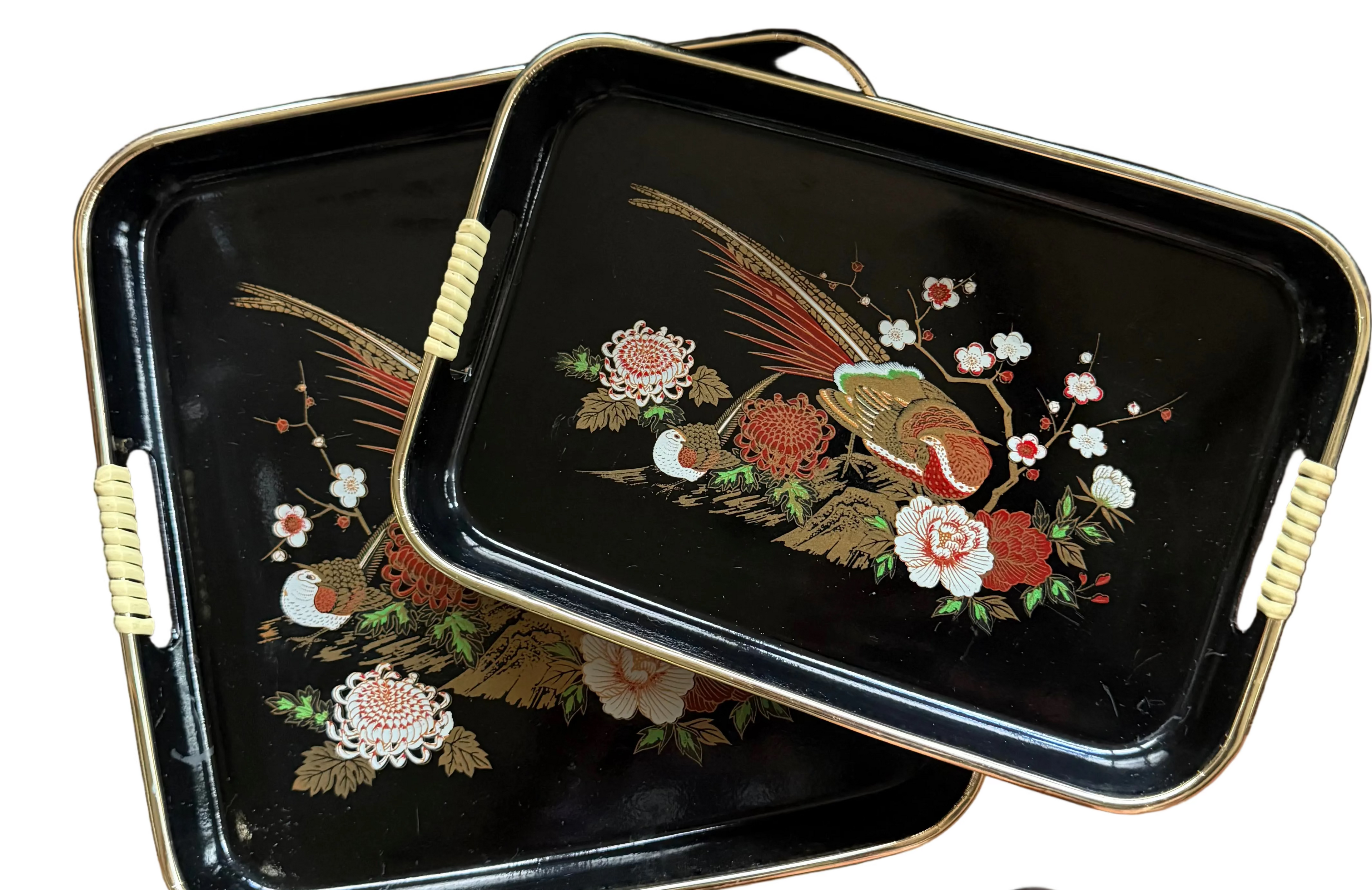 Vintage Mid-Century Japanese Lacquered Nesting Serving Trays – Phesant Design with Faux Bamboo Handles – Set of 2