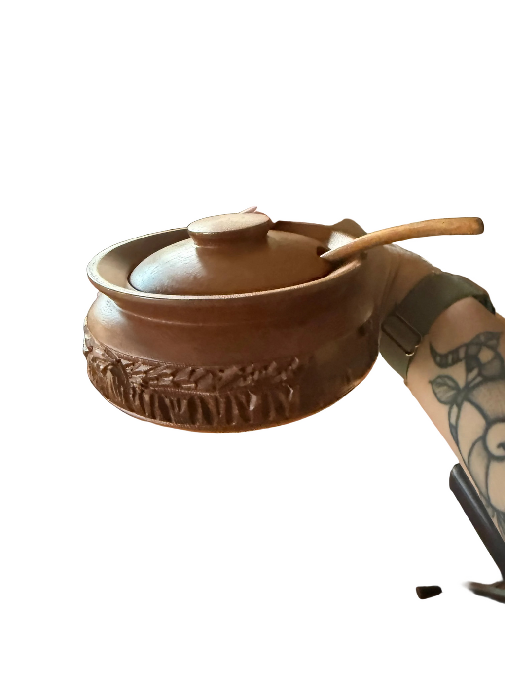 Vintage MCM Monkey Pod Wood Covered Bowl with Spoon