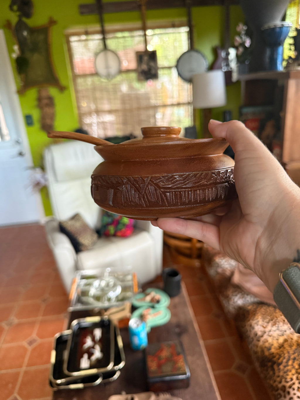 Vintage MCM Monkey Pod Wood Covered Bowl with Spoon