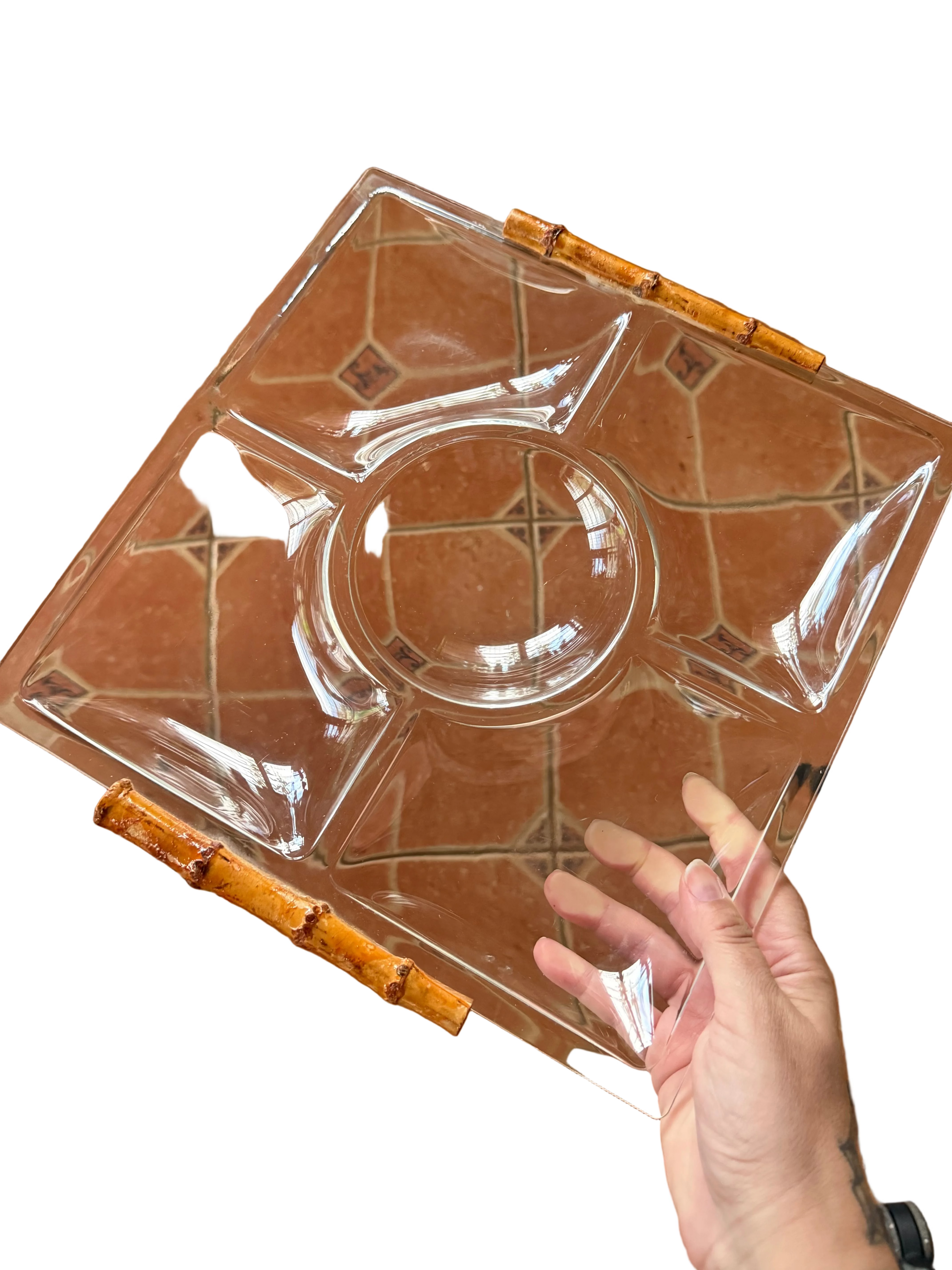 Vintage Mid-Century Glass Sectional Relish Tray with Faux Bamboo Handles | MCM, Tropical Tiki Barware