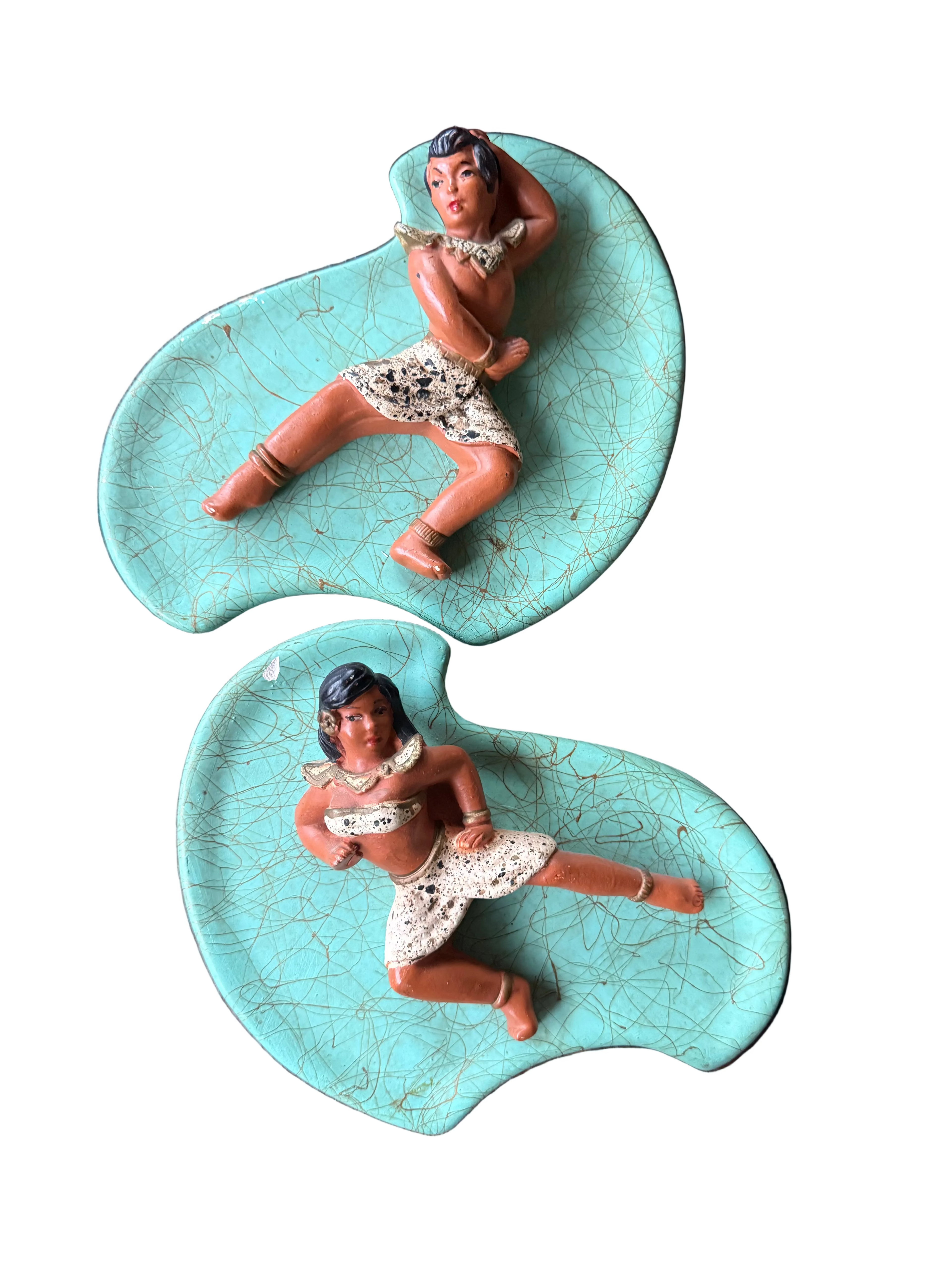 Vintage 1950s Mid-Century Modern Chalkware Hula Dancer Wall Plaques - Pair