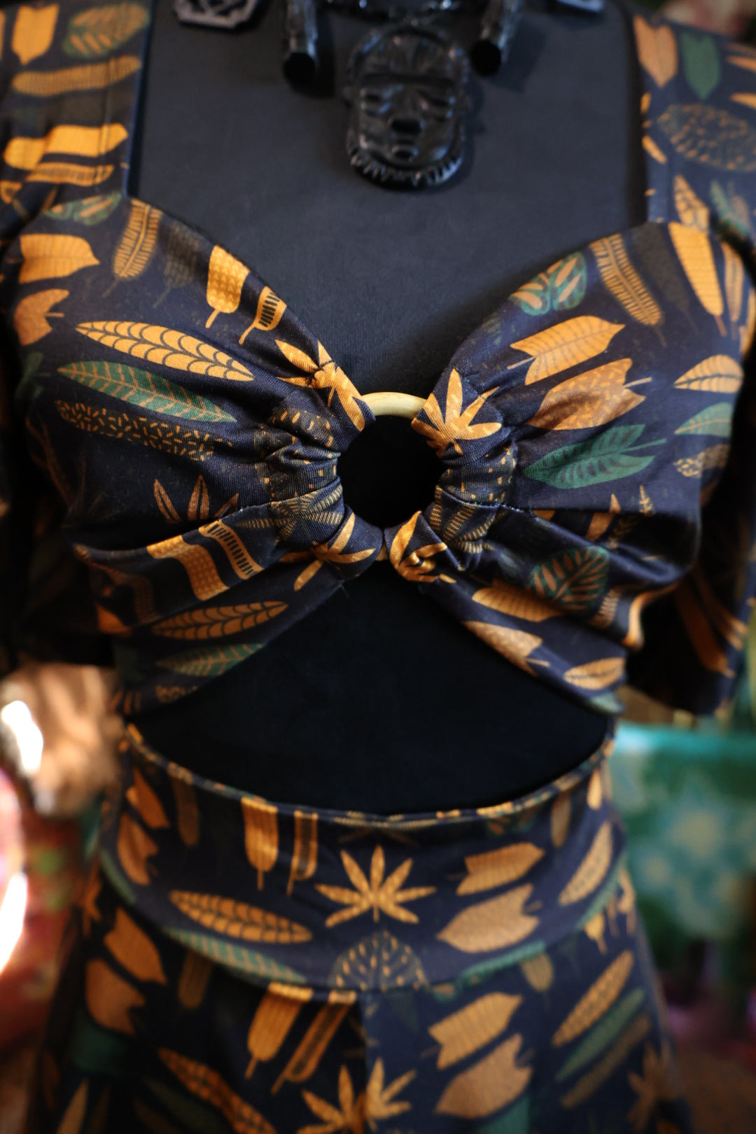 Tiki print Romper with bamboo ring